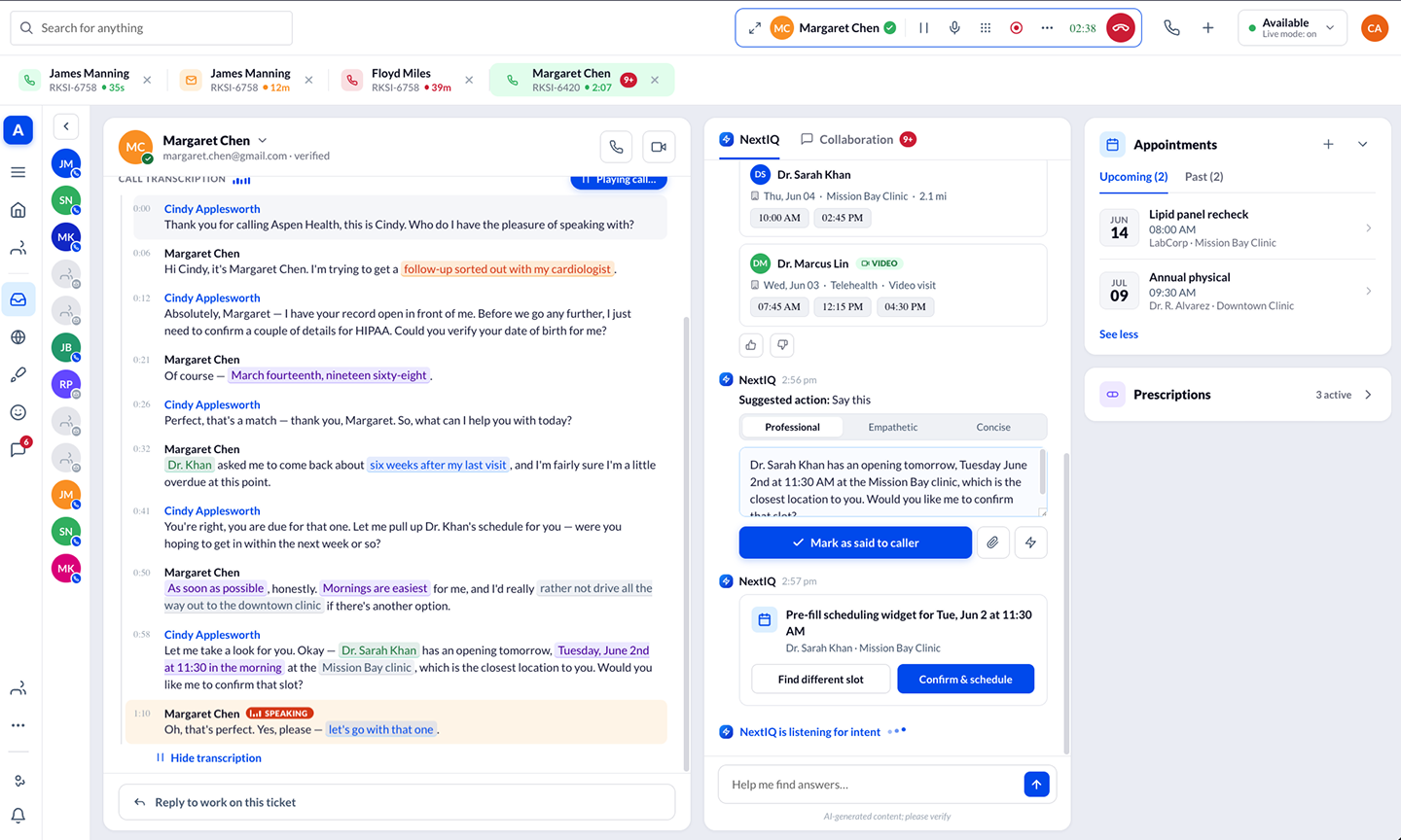 Aspen Health agent workspace with embedded AI copilot