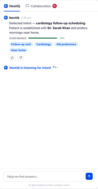 Early NextIQ panel concept — a suggested action with edited copy and a confirm-and-schedule control