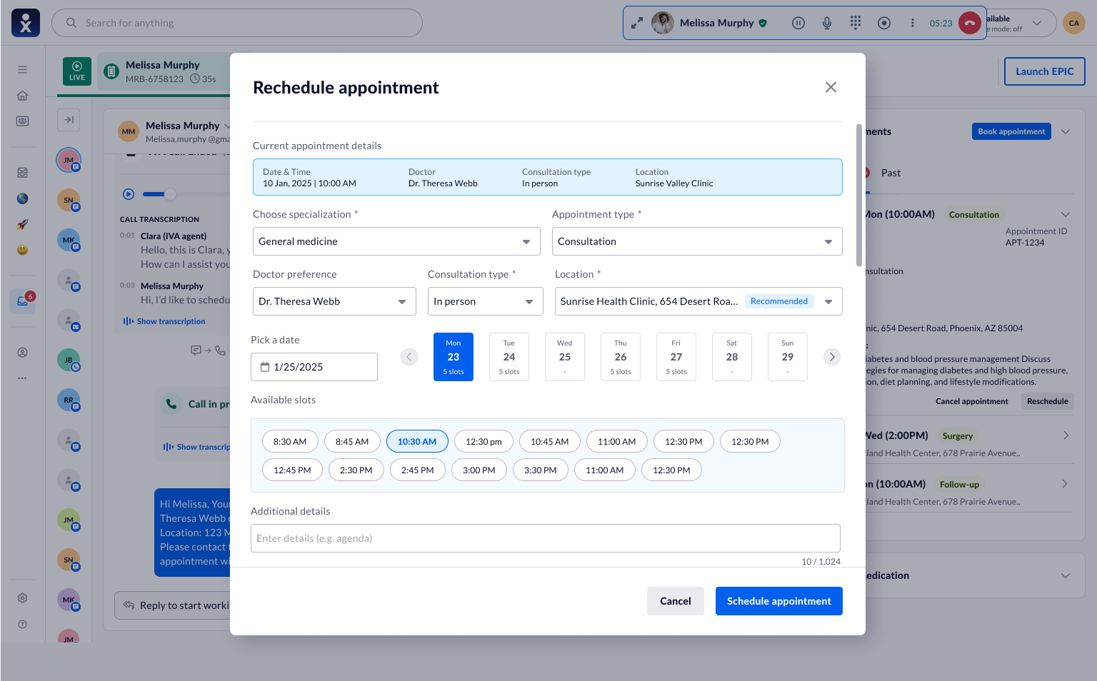 V1 manual reschedule modal opening over the transcript