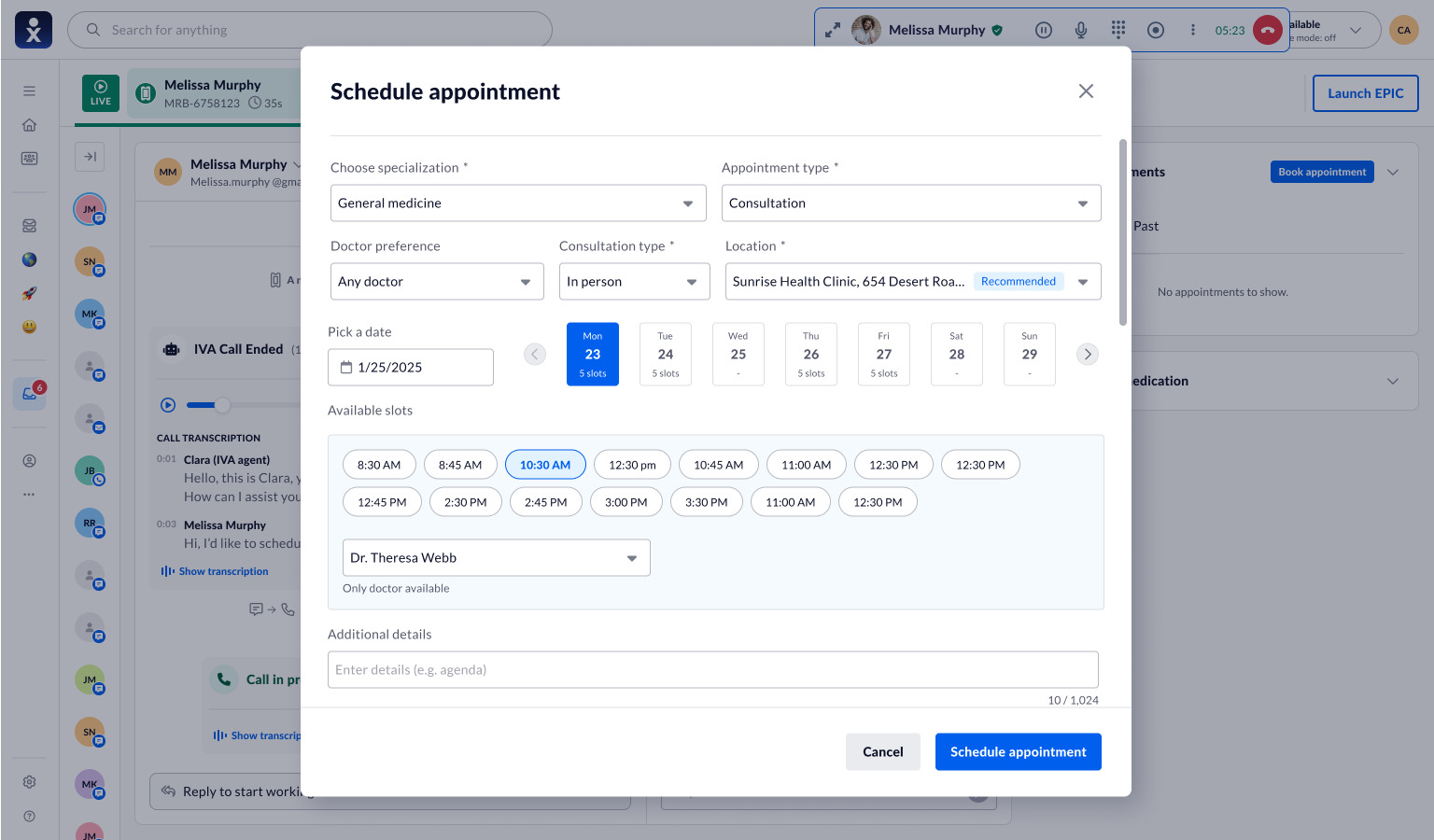 V1 manual schedule-appointment modal covering the live call